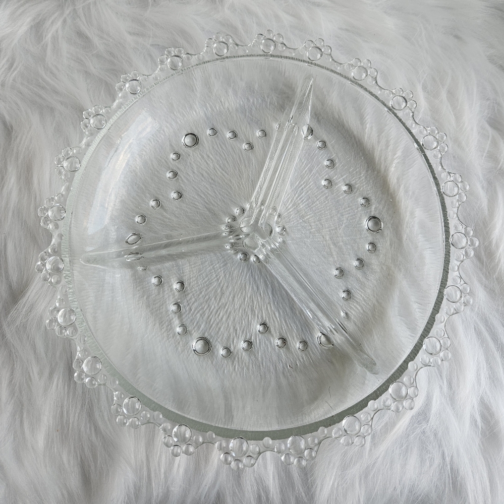 Vintage Glass Divided Serving Tray – Clear Glass with Floral Edge, 3-Section